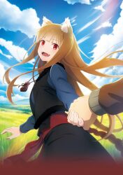  1boy 1girl absurdres animal_ears blue_sky breasts clouds craft_lawrence fang grass highres holding_hands holo light_rays long_sleeves official_art open_mouth outdoors pouch pov pulling red_eyes sky small_breasts spice_and_wolf textless_version wolf_girl 