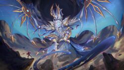  1boy blue_eyes boots cape claws cliff clouds commission cporing dragon dust_cloud english_text giant giant_monster gold_trim highres hilt horns legs_apart mountain open_mouth original outdoors red_cape sharp_teeth sky spread_wings standing tail teeth weapon wings 
