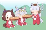  3girls ahoge animal_ears baguette blush_stickers bow braid bread brown_hair brown_headwear chibi closed_eyes day ear_bow ear_covers food gold_ship_(umamusume) gomashio_(goma_feet) grey_hair hat horse_ears horse_girl horse_tail jacket long_hair long_sleeves mini_hat multicolored_hair multiple_girls no_shoes oguri_cap_(umamusume) on_grass outdoors pants pantyhose purple_bow red_jacket red_pants sitting sleeves_past_wrists special_week_(umamusume) standing tail track_jacket track_pants track_suit translation_request two-tone_hair umamusume very_long_hair white_hair white_pantyhose 