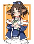  1girl absurdres animal_ears arknights bare_shoulders blue_bow blue_jacket blue_shirt blush border bow brown_eyes brown_hair closed_mouth collarbone cowboy_shot daisy dot_nose flower frilled_shirt frilled_skirt frills fur-trimmed_jacket fur_trim hair_bow hendra highres holding holding_flower inset_border jacket long_sleeves looking_at_viewer notice_lines off_shoulder open_clothes open_jacket orange_background own_hands_together parted_bangs perfumer_(arknights) shirt signature simple_background skirt sleeveless sleeveless_shirt smile solo white_border white_skirt 