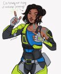  1girl apex_legends artist_name black_bodysuit black_hair blue_nails blue_shirt bodysuit brown_eyes collarbone conduit_(apex_legends) detached_sleeves english_commentary english_text fingerless_gloves freckles gloves grey_background grey_gloves hair_behind_ear hair_bun highres looking_up one_eye_closed parted_lips phoenix_(gayviatorr) shirt single_detached_sleeve single_hair_bun solo 