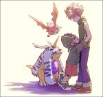  2boys ^_^ blonde_hair blue_eyes blue_pants brothers brown_shorts closed_eyes closed_mouth digimon digimon_(creature) digimon_adventure full_body gabumon gloves green_shirt hand_on_another&#039;s_head hat highres horns hug ishida_yamato kwsby_124 long_sleeves male_focus multiple_boys open_mouth pants patamon sharp_teeth shirt shoes shorts siblings simple_background single_horn sleeveless sleeveless_shirt socks spiky_hair standing takaishi_takeru teeth 
