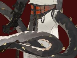  1boy arknights beijianglong chinese_commentary chong_yue_(arknights) commentary_request dragon_boy dragon_tail highres lower_body male_focus red_background simple_background solo tail very_long_tail 