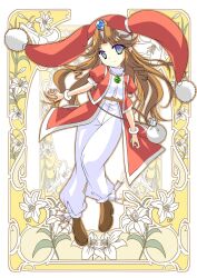  1girl bag blue_eyes bracelet brown_footwear brown_hair commentary_request drill_hair drill_sidelocks farland_saga full_body hat high-waist_pants highres jacket jewelry karin_(farland_saga) pants puffy_short_sleeves puffy_sleeves red_hat red_jacket shoes short_sleeves sidelocks smile solo white_pants yamamoto_kazue 
