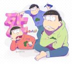  3boys barefoot bloodshot_eyes blue_hoodie brothers clenched_teeth crossed_arms crossed_legs dotted_background green_hoodie holding holding_removed_eyewear hood hoodie leaning_on_object looking_at_viewer lying male_focus matsuno_choromatsu matsuno_karamatsu matsuno_osomatsu multiple_boys on_side open_mouth osomatsu-san red_hoodie show_chiku-by siblings sitting snot sunglasses sunken_cheeks teeth triangle_mouth unworn_eyewear 