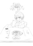  1girl absurdres bird blush cat cup food fork greyscale hatoba_tsugu highres jam knife looking_at_viewer mole mole_under_eye monochrome nekopantsu_(blt) pancake pancake_stack plant plate potted_plant short_hair sitting smile solo table tsugu_(vtuber) virtual_youtuber 