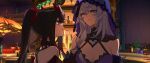  2girls bare_shoulders black_swan_(honkai:_star_rail) brown_hair champagne_flute cup drinking_glass eye_contact eyes_visible_through_hair fox_mask gradient_hair grey_hair hand_on_another&#039;s_hand highres honkai:_star_rail honkai_(series) looking_at_another mask multicolored_hair multiple_girls orange_eyes parted_lips purple_veil red_eyes rekka sparkle_(honkai:_star_rail) twintails yellow_eyes 