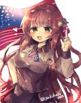  1girl american_flag black_skirt blunt_bangs blush breasts brown_hair collared_shirt corrupted_twitter_file green_eyes headgear heart helena_(kancolle) highres kantai_collection long_hair long_sleeves looking_at_viewer medium_breasts multicolored_hair one-hour_drawing_challenge open_mouth redhead shirt simple_background skirt solo twitter_username very_long_hair white_background yukikaze2828 
