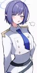  1girl :o aoi_(blue_archive) arm_at_side blue_archive blue_eyes blue_necktie blush bob_cut buttons collared_shirt cowboy_shot double-breasted gloves halo hand_on_own_hip highres jacket looking_at_viewer necktie open_mouth pants pointy_ears purple_hair shirt short_hair shoulder_boards sidelocks simple_background solo white_background white_gloves white_jacket white_pants yun_(kbdenz9) 
