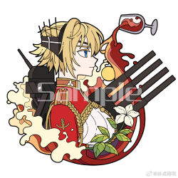  1girl aiguillette alcohol bingdian_lihua blonde_hair blue_eyes closed_mouth cup drinking_glass english_text epaulettes flower from_side headgear machinery military prince_of_wales_(warship_girls_r) profile sample_watermark short_hair simple_background solo turret upper_body warship_girls_r watermark weibo_logo weibo_watermark white_background wine wine_glass 