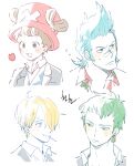  4boys :3 ahoge alternate_costume antlers bandaid bandaid_on_face bandaid_on_nose black_eyes blonde_hair blue_eyes blue_hair blush brown_hair cherry_blossoms cigarette collared_shirt commentary curly_eyebrows earrings expressionless franky_(one_piece) green_hair grey_eyes hair_over_one_eye hat hawaiian_shirt horns humanization jewelry korean_text long_bangs looking_to_the_side male_focus mob0322 multiple_boys one_piece reindeer_antlers roronoa_zoro sanji_(one_piece) school_uniform shirt short_hair sideburns single_earring smile spiky_hair suit sweat sweatdrop tony_tony_chopper translation_request uniform upper_body yellow_eyes 