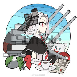  1girl alternate_hairstyle bingdian_lihua black_capelet book bow capelet cat coffee coffee_mug cup dog from_side gloves holding machinery mug necktie profile red_bow red_eyes rigging saucer solo teacup turret upper_body vittorio_veneto_(warship_girls_r) warship_girls_r watermark weibo_logo weibo_watermark white_hair 