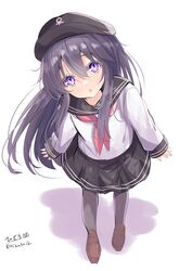  1girl :o absurdres akatsuki_(kancolle) black_headwear black_sailor_collar black_skirt blush brown_footwear commentary_request flat_cap full_body grey_pantyhose hair_between_eyes hat head_tilt highres hizaka kantai_collection loafers long_hair long_sleeves looking_at_viewer neckerchief pantyhose parted_lips pink_neckerchief pleated_skirt purple_hair sailor_collar school_uniform serafuku shadow shirt shoes signature skirt sleeves_past_wrists solo standing twitter_username very_long_hair violet_eyes white_shirt 