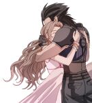  1boy 1girl aerith_gainsborough armor bangle bare_shoulders black_gloves black_hair bracelet brown_hair commentary couple cowboy_shot crisis_core_final_fantasy_vii dress final_fantasy final_fantasy_vii final_fantasy_vii_rebirth final_fantasy_vii_remake gloves hair_slicked_back hand_on_another&#039;s_head highres hug jewelry long_hair pink_dress ribbed_sweater shoulder_armor sleeveless sleeveless_dress sleeveless_turtleneck spiky_hair sweater sylvthea tears turtleneck turtleneck_sweater white_background zack_fair 
