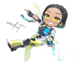  1girl apex_legends black_gloves black_hair blue_nails character_name conduit_(apex_legends) deformed double_finger_gun finger_gun fingerless_gloves floating gloves glowing looking_at_viewer mechanical_legs orange_eyes short_hair simple_background smile solo tsuduya_(knt31) white_background 