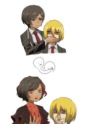  2girls absurdres biting biting_another's_hand black_coat blonde_hair brown_eyes brown_hair coat collared_shirt commentary_request dark-skinned_female dark_skin don_quixote_(project_moon) dress fee_llament highres korean_commentary la_manchaland_(identity)_(project_moon) limbus_company multicolored_hair multiple_girls necktie outis_(project_moon) project_moon red_dress red_eyes red_nails red_necktie red_streaks shirt short_hair simple_background streaked_hair sweatdrop white_background white_shirt yellow_eyes 