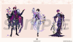  3boys :d alcohol alternate_costume alternate_hairstyle argyle_clothes argyle_vest asymmetrical_gloves back back_bow belt belt_buckle black_belt black_cape black_coat black_footwear black_gloves black_hair black_hat black_jacket black_nails black_pants black_robe black_thighhighs blonde_hair boots border bow bowtie buckle cane cape closed_mouth coat collared_shirt copyright_name copyright_notice crossed_bangs cuff_links cup curtained_hair doppio_dropscythe drinking_glass earrings falling_petals floral_print flower flower_brooch frilled_headwear frilled_shirt_collar frilled_sleeves frills from_behind full_body fur-trimmed_cape fur_trim gem gloves gold_trim gradient_hair hair_between_eyes hair_flower hair_ornament hair_over_one_eye half_gloves harness hat heterochromia highres hitokoto holding holding_cup holding_flower holding_hat holding_key holding_lantern holding_pocket_watch holding_unworn_clothes iris_(flower) ivy jacket jewelry key knee_boots lantern lapel_pin lapels leaf long_sleeves looking_at_viewer looking_back male_focus mandarin_collar mask mask_on_head masquerade_mask mismatched_gloves multicolored_clothes multicolored_hair multicolored_jacket multiple_boys multiple_rings nail_polish neck_ribbon nijisanji nijisanji_en notched_lapels o-ring o-ring_harness official_art open_clothes open_coat open_jacket open_mouth outstretched_arm pants peony_(flower) petals pink_background pink_bow pink_flower pink_hair pink_rose pink_vest pinstripe_pants pinstripe_pattern plant pocket_watch purple_bow purple_bowtie purple_cape purple_flower purple_gemstone purple_hair purple_pants purple_ribbon purple_rose purple_vest ribbon ring robe rose rose_print sample_watermark see-through_clothes shirt shoes short_hair shu_yamino simple_background single_earring smile standing streaked_hair tassel teardrop_facial_mark thigh-highs thigh_strap top_hat torn_clothes torn_coat two-sided_cape two-sided_fabric two-tone_jacket uki_violeta unworn_hat unworn_headwear vest vines violet_eyes virtual_youtuber watch watermark white_border white_cape white_flower white_gloves white_hair white_jacket white_pants white_rose white_shirt wine wine_glass yellow_eyes 