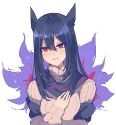 1girl black_hair breasts commentary_request dress gijinka hand_over_heart hisuian_typhlosion humanization kusanagi_kaoru large_breasts long_hair looking_at_viewer pokemon pokemon_legends:_arceus simple_background smile solo turtleneck upper_body violet_eyes