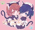  1boy 1girl animal_ears apron black_dress black_footwear blue_eyes blue_hair blush_stickers brown_eyes brown_hair cat_ears cat_tail chibi closed_mouth commentary_request crossdressing dress full_body hair_over_one_eye harumaki_tokage highres looking_at_viewer low_ponytail maid maid_apron maid_headdress official_alternate_costume open_mouth paw_pose persona persona_3 pink_background puffy_short_sleeves puffy_sleeves short_hair short_sleeves tail takeba_yukari thigh-highs white_apron white_thighhighs yuuki_makoto_(persona_3) 