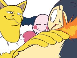  2024_pokemon_teraleak akakichi_no_eleven akakichi_no_eleven_redraws big_nose closed_mouth commentary constricted_pupils derivative_work english_commentary fang hand_on_another&#039;s_shoulder highres hypno looking_at_another meme mr._mime mutedtaken no_humans open_mouth pokemon pokemon_(creature) screenshot_redraw simple_background smile sweatdrop typhlosion upper_body white_background 