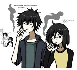  1boy 1girl black_hair black_jacket bob_cut brown_eyes cigarette english_commentary english_text highres holding holding_cigarette jacket nakahara_misaki nhk_ni_youkoso! peqermint raglan_sleeves satou_tatsuhiro shirt short_hair simple_background smoke smoking two-tone_shirt white_background 