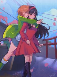  2girls amagi_yukiko black_eyes black_footwear black_hair blue_skirt blush boots brown_hair closed_eyes commentary_request commission dress green_jacket grin hairband highres hug hug_from_behind jacket kokomi_(aniesuakkaman) long_hair long_sleeves looking_at_viewer multiple_girls open_clothes open_jacket open_mouth persona persona_4 petals red_dress red_hairband satonaka_chie shirt short_hair signature skirt smile standing standing_on_one_leg teeth track_jacket upper_teeth_only white_shirt 