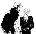  2boys buttons cape chief_(chiefvinsmoke) closed_mouth curly_eyebrows earrings facial_hair fur_cape fur_hat gloves goatee hair_over_one_eye hand_in_pocket hand_tattoo hat jacket jewelry long_sleeves looking_to_the_side male_focus monochrome multiple_boys one_piece pants sanji_(one_piece) shirt short_hair tattoo trafalgar_law 