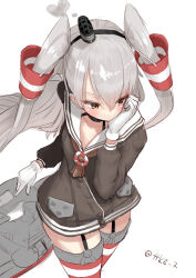  1girl amatsukaze_(kancolle) black_panties blush brown_dress brown_eyes dress garter_straps gloves grey_hair grey_neckerchief hair_tubes hat highres kantai_collection lifebuoy long_hair machinery mini_hat neckerchief panties red_thighhighs rensouhou-kun rigging sailor_dress short_dress signature single_glove smokestack_hair_ornament striped_clothes striped_thighhighs swim_ring tetsukuzu_(yajirushi_shita) thigh-highs turret two_side_up underwear white_background 