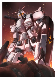  arm_shield beam_rifle earth_federation energy_gun gatling_gun glowing glowing_eyes gun gundam gundam_ex gundam_requiem_for_vengeance helmet highres holding holding_gun holding_weapon mecha mecha_focus mobile_suit one-eyed pilot pilot_helmet pilot_suit red_eyes robot science_fiction standing taiga_hiroyuki v-fin weapon zaku zeon 