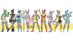 6+girls bag boots bow_(weapon) club_(weapon) cosplay crossed_arms eevee eevee_(cosplay) espeon espeon_(cosplay) flareon flareon_(cosplay) glaceon glaceon_(cosplay) hammer handbag hands_on_own_hips helmet highres holding holding_weapon jolteon jolteon_(cosplay) leafeon leafeon_(cosplay) mask multiple_girls over_shoulder pokemon polearm power_rangers scythe skirt spiked_knuckles staff standing super_sentai sylveon sylveon_(cosplay) to_ze tokusatsu trident umbreon umbreon_(cosplay) vaporeon vaporeon_(cosplay) weapon weapon_over_shoulder