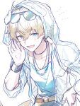  1boy :d animal_ears arknights blonde_hair blue_eyes blue_shirt blush collarbone commentary_request dog_ears eyewear_on_head hair_between_eyes hand_on_own_hip hand_up hood hood_up hooded_jacket jacket looking_at_viewer male_focus mt_(harugamt) one-piece_swimsuit open_clothes open_jacket see-through shirt simple_background smile solo sunglasses swimsuit tequila_(arknights) thick_eyebrows white_background white_jacket 