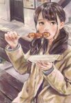  1girl black_hair blush brown_eyes building corrupted_twitter_file dango eating food hair_behind_ear highres holding holding_plate long_hair long_sleeves looking_at_viewer mayuringo_14 mitarashi_dango original plate skewer solo stairs upper_body wagashi 