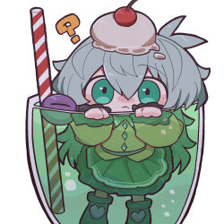  1girl :3 ? absurdres black_footwear blush boots bubble cherry drink drinking_straw food fruit full_body glass green_eyes green_skirt grey_hair highres ice_cream ice_cream_float komeiji_koishi long_hair looking_at_viewer minimized simple_background skirt solo submerged sweater touhou white_background yellow_sweater zunusama 