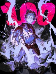  1boy artist_name atmosgear black_background black_hair black_jacket black_pants buttons debris electricity electrokinesis english_commentary expressionless from_below gakuran highres jacket kageyama_shigeo long_sleeves looking_at_viewer male_focus mob_psycho_100 nose pants parted_lips psychic reaching reaching_towards_viewer red_eyes school_uniform shirt solo staring turtleneck wavy_hair white_shirt 