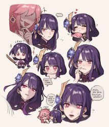  ... 2girls ? animal_ear_piercing animal_ears armor arms_up blunt_bangs blush bridal_gauntlets cheek_pinching chibi closed_eyes closed_mouth clothing_cutout couple detached_sleeves earrings english_commentary flying_sweatdrops from_below from_side genshin_impact hair_between_eyes hair_ornament hand_on_another's_cheek hand_on_another's_face hand_on_own_chin head_only headpiece heart highres holding holding_sword holding_weapon japanese_clothes jewelry kimono leaning_back leaning_forward light_blush light_smile long_hair long_sleeves looking_at_viewer looking_down looking_to_the_side lower_teeth_only mole mole_under_eye multiple_girls neck_ribbon nervous nervous_sweating nonons open_mouth parted_lips pinching pink_hair pink_lips purple_hair purple_kimono raiden_shogun red_ribbon ribbon shade shaded_face short_sleeves shoulder_armor shoulder_cutout simple_background sparkle speech_bubble sweat sweatdrop sword teeth violet_eyes weapon wide_sleeves yae_miko yae_miko_(fox) yuri 