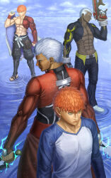  4boys abs absurdres archer_(fate) bare_pectorals buzz_cut cape cornrows crew_cut dark-skinned_male dark_skin dual_wielding emiya_alter emiya_shirou fate/grand_order fate/stay_night fate_(series) field_of_blades gun highres holding holding_cape holding_gun holding_sword holding_unworn_clothes holding_weapon igote kai_hadaly kanshou_&amp;_bakuya_(fate) long_sleeves male_focus multiple_boys orange_hair pectorals raglan_sleeves senji_muramasa_(fate) short_hair single_bare_shoulder sword toned toned_male topless_male two_side_up very_dark_skin very_short_hair weapon white_cape white_hair wristband yellow_eyes 