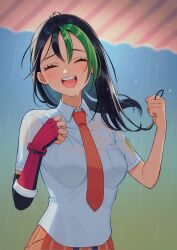  :d alternate_hairstyle black_hair breasts closed_eyes facing_viewer freckles furukawa_raku green_hair hair_down highres long_hair medium_breasts multicolored_hair naranja_academy_school_uniform nemona_(pokemon) open_mouth pokemon pokemon_sv rain school_uniform shirt short_hair smile streaked_hair upper_body wet wet_clothes wet_shirt white_shirt 