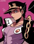  1boy black_hair black_headwear blue_eyes closed_mouth coat coat_on_shoulders collarbone earrings hat jewelry jojo_no_kimyou_na_bouken kotorai kujo_jotaro looking_at_viewer male_focus pectorals purple_shirt shaded_face shirt short_hair signature solo star_(symbol) upper_body 