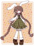  1boy :3 animal_ears black_ribbon boots border braid bright_pupils brown_footwear collared_dress colored_skin dress flower frilled_dress frills full_body funamusea funamusea_(artist) green_dress hair_flower hair_ornament highres long_braid long_hair looking_at_viewer male_focus orange_background otoko_no_ko outline patterned_background plaid plaid_dress pointy_ears prune_(funamusea) rabbit_ears rabbit_tail red_eyes red_nails ribbon sidelocks smug solo standing tail thigh-highs twin_braids very_long_hair white_border white_flower white_outline white_pupils white_skin white_sleeves white_thighhighs 