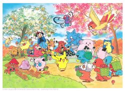  &gt;_&lt; 1998 :q absurdres apple ash_ketchum basket bulbasaur butterfree canteen caterpie chansey charmander chestnut clefairy cubone cup dated ditto dragonite eating flower food fruit fukuyama_keiko grapes happy highres holding holding_food holding_spoon jigglypuff kadabra log mankey mouth_hold mushroom official_art onigiri outdoors paras parasect path picnic picnic_blanket pidgeotto pikachu pokemon pokemon_(creature) raichu rhydon slowpoke snorlax spill spoon squirtle tangela tearing_up third-party_source tongue tongue_out tree vulpix 