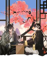  absurdres arknights black_coat black_hair board_game brothers cherry_blossoms chong_yue_(arknights) coat dragon_boy dragon_horns dragon_tail go_(board_game) grey_hair hallo_timm67534 highres horns indian_style long_hair low_ponytail pointy_ears siblings sitting slit_pupils smile table tail wang_(arknights) yellow_eyes 