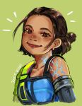  1girl absurdres apex_legends black_gloves blue_shirt brown_eyes brown_hair character_name conduit_(apex_legends) dark-skinned_female dark_skin earrings elbow_gloves english_commentary gloves green_background hair_behind_ear highres jewelry looking_at_viewer notice_lines red_lips shirt short_hair simple_background smile solo wiki_(juicykiwi) 