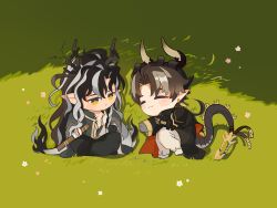  2boys :3 absurdres arknights black_coat black_hair brown_hair chibi chibi_only chong_yue_(arknights) closed_mouth coat dragon_boy dragon_tail eastern_dragon_horns field full_body fur-tipped_tail green_background grey_hair hallo_timm67534 highres indian_style long_hair long_sleeves looking_at_another low_ponytail lying male_focus multicolored_hair multiple_boys on_side outdoors pointy_ears ribbon sitting streaked_hair tail tail_ornament tail_ribbon very_long_hair wang_(arknights) yellow_eyes 
