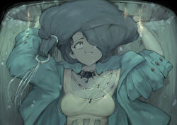 1girl absurdres arms_up baggy_clothes blouse brown_hair bubble choker hair_ornament hair_over_one_eye highres jacket kaalaa_baunaa lid long_hair looking_up reverse:1999 rou_(rou22) shirt trapped underwater vat 