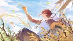  1boy almoonnn blue_sky brown_eyes brown_hair clouds cup falling_leaves from_side genshin_impact ginkgo_leaf hand_up highres holding holding_cup hood hood_down leaf leaning_back leaning_on_object medium_hair nature outdoors plant shirt signature sitting sky solo sparkle toasting_(gesture) white_shirt zhongli_(genshin_impact) 