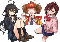  3girls ahoge ayase_momo black_hair black_serafuku black_skirt black_socks blue_skirt blush bow bowtie brown_footwear brown_hair cardigan closed_eyes collared_shirt crossed_bangs crossover dandadan double_cheese_(mcdonald's) earrings hat headset highres jewelry kantai_collection kneehighs loafers long_hair long_sleeves mcdonald's mikazuki_(kancolle) multiple_crossover multiple_girls necktie open_mouth red_bow red_bowtie red_eyes red_hat sailor_collar school_uniform serafuku shirt shoes short_hair simple_background sitting skirt socks sparkle striped_clothes striped_shirt tsumikitsuki_(katsuobushi) twintails very_long_hair visor_cap white_background white_shirt yellow_eyes 