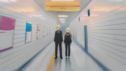  1boy 1girl black_footwear black_jacket black_necktie black_pants blonde_hair blue_eyes collared_shirt english_text formal full_body highres hoshino_aquamarine hoshino_ruby indoors jacket necktie oshi_no_ko pants pink_eyes shirt short_hair smile the_exit_8 tile_wall tiles user_acjw5454 white_shirt 