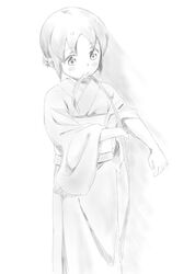  1girl blush hair_bun japanese_clothes kimono monochrome mouth_hold nekopantsu_(blt) seki_oriko short_hair simple_background sketch solo wakaokami_wa_shougakusei 