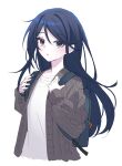  1girl :o absurdres backpack bag black_cardigan black_eyes blue_hair blush cable_knit cardigan collarbone cropped_torso hair_between_eyes hands_on_own_chest highres hoshino_ichika_(project_sekai) long_hair long_sleeves looking_at_viewer open_cardigan open_clothes open_mouth parted_bangs project_sekai reference_inset ritzchrono shirt sidelocks simple_background solo straight_hair white_background white_shirt 