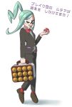  1girl absurdres bow bowtie briefcase brown_footwear collector_(pokemon) cosplay full_body green_hair highres holding holding_briefcase holding_poke_ball lisia_(pokemon) mask nmmnmmzk poke_ball poke_ball_(basic) pokemon pokemon_masters_ex pokemon_oras red_bow red_bowtie simple_background solo team_break translation_request white_background 